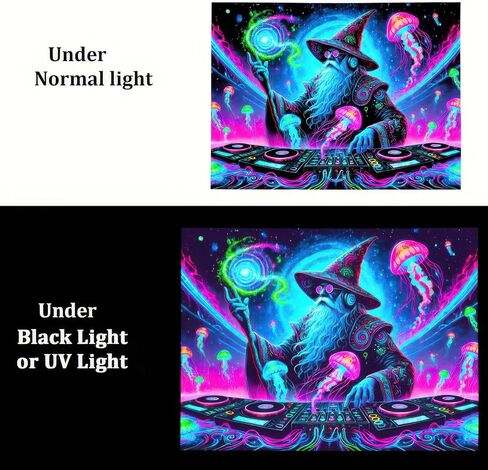 BlissYard Wizard Blacklight DJ Tapestry 78x59 بوصة الأشعة فوق البنفسجية التفاعلية ضوء أسود موسيقى يتوهج في الظلام ملصق جدار هيبي للأشعة فوق البنفسجية لتزيين غرفة النوم وغرفة المعيشة والأعمال الفنية وغرفة المنزل وخلفية الحفلات in Kuwait