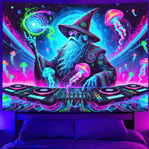 BlissYard Wizard Blacklight DJ Tapestry 78x59 بوصة الأشعة فوق البنفسجية التفاعلية ضوء أسود موسيقى يتوهج في الظلام ملصق جدار هيبي للأشعة فوق البنفسجية لتزيين غرفة النوم وغرفة المعيشة والأعمال الفنية وغرفة المنزل وخلفية الحفلات in Kuwait