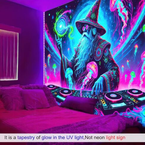 BlissYard Wizard Blacklight DJ Tapestry 78x59 بوصة الأشعة فوق البنفسجية التفاعلية ضوء أسود موسيقى يتوهج في الظلام ملصق جدار هيبي للأشعة فوق البنفسجية لتزيين غرفة النوم وغرفة المعيشة والأعمال الفنية وغرفة المنزل وخلفية الحفلات in Kuwait