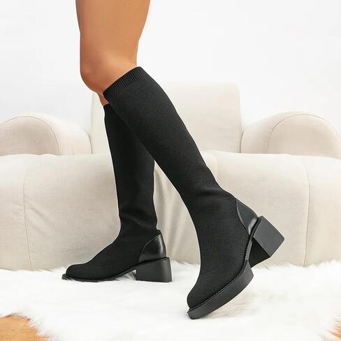 NEWBELLA Women's Knee High Sock Boots - Platform Chunky Heel Slip-On Boots for Streetwear & Casual Outfits in Saudi Arabia