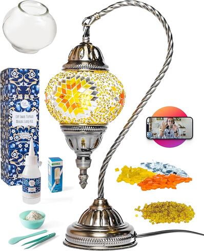 KRAFTSTORIES Turkish Mosaic Swan Neck Lamp Making Kit| DIY Colorful Glass Decorative Nightstand Table Light| Craft Kit |Make Your Own Lamp | Living Room Bedroom | Antique Bronze Base (Blue) in Saudi Arabia