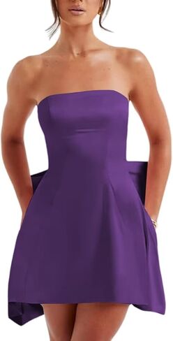 Satin Homecoming Dressse for Teens with Pockets Strapless Prom Cocktail Mini Party Dress with Bow on Back PUS063 in Saudi Arabia