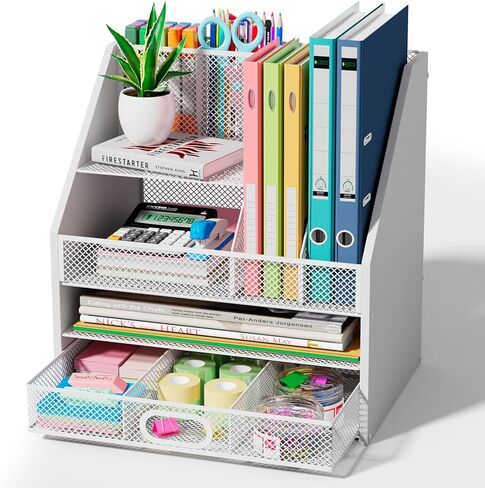 Wooden Desk Organizer - Mesh File Organizer with Drawers and Pen Holder - 4-Tier Vertical Paper Letter Storage Tray, Desktop Organizers and Accessories for Home Office in Saudi Arabia