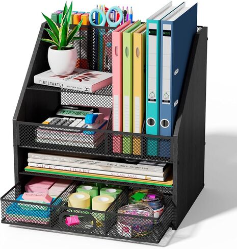 Wooden Desk Organizer - Mesh File Organizer with Drawers and Pen Holder - 4-Tier Vertical Paper Letter Storage Tray, Desktop Organizers and Accessories for Home Office in Saudi Arabia