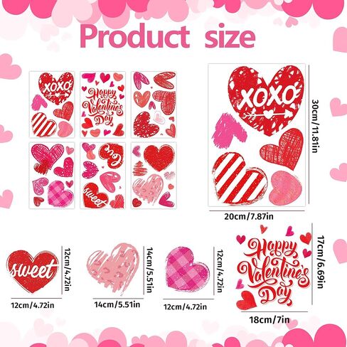 6 Sheets Valentine's Day Window Clings for Glass, Double-Sided Pink Red Heart Stickers for Home Wedding Party Decor in Saudi Arabia
