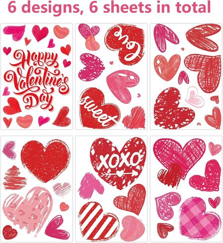 6 Sheets Valentine's Day Window Clings for Glass, Double-Sided Pink Red Heart Stickers for Home Wedding Party Decor in Saudi Arabia