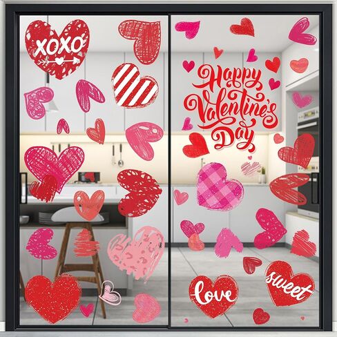 6 Sheets Valentine's Day Window Clings for Glass, Double-Sided Pink Red Heart Stickers for Home Wedding Party Decor in Saudi Arabia