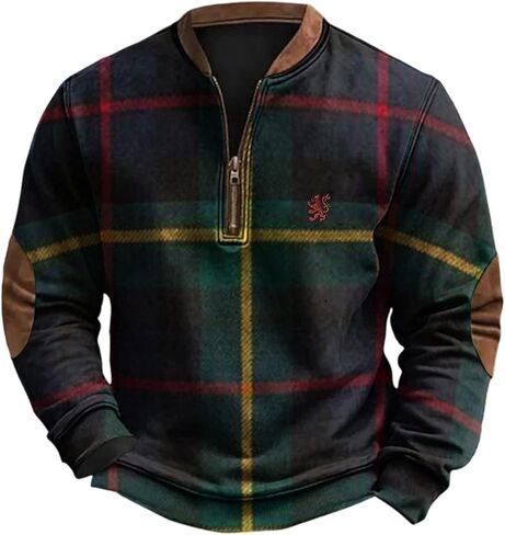 Men's Quarter Zip Sweatshirt Plaid Pullover Sweater Casual Stand Collar Long Sleeve Sweatshirt Retro Zip Up Shirt in Saudi Arabia