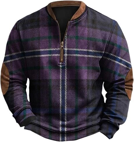 Men's Quarter Zip Sweatshirt Plaid Pullover Sweater Casual Stand Collar Long Sleeve Sweatshirt Retro Zip Up Shirt in Saudi Arabia
