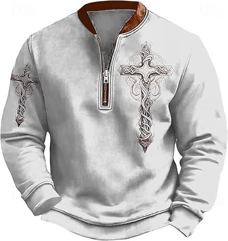Men's Quarter Zip Sweatshirt Plaid Pullover Sweater Casual Stand Collar Long Sleeve Sweatshirt Retro Zip Up Shirt in Saudi Arabia