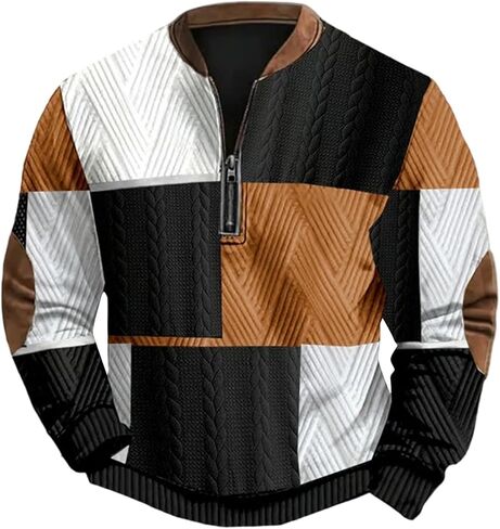 Men's Quarter Zip Sweatshirt Plaid Pullover Sweater Casual Stand Collar Long Sleeve Sweatshirt Retro Zip Up Shirt in Saudi Arabia