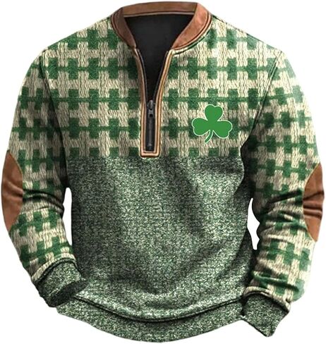Men's Quarter Zip Sweatshirt Plaid Pullover Sweater Casual Stand Collar Long Sleeve Sweatshirt Retro Zip Up Shirt in Saudi Arabia
