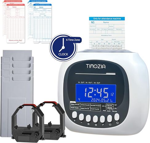 Time Clock with Passcode, Auto-Align Time Card Machine, 6 Punches per Day Time Clock Punch Machine with 100 Time Cards, 2 Ink Ribbons and 4 Racks(White, Military Time) in Kuwait