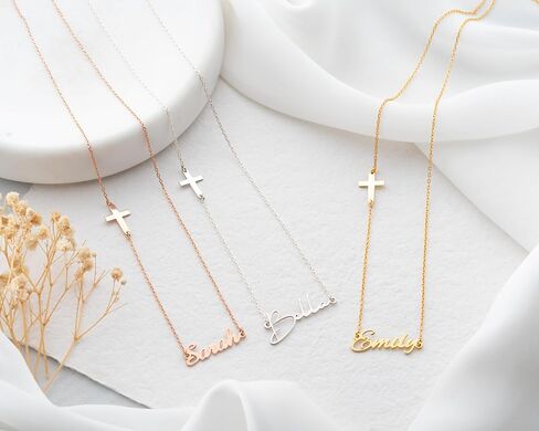 Personalized Cross Necklace with Name for Women – Custom Gold, Silver, or Rose Pendant – Adjustable Chain 14"-24" – Custom Name Jewelry Gift in Saudi Arabia