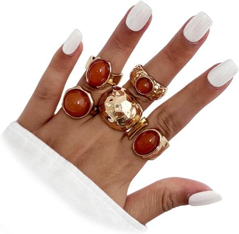 5Pcs Chunky Gold Hammered Stackable Brown Crystal Rings for Women Trendy, Vintage Thick Stack Knuckle Ring Non Tarnish Dainty Party Prom Jewelry Gift in Saudi Arabia