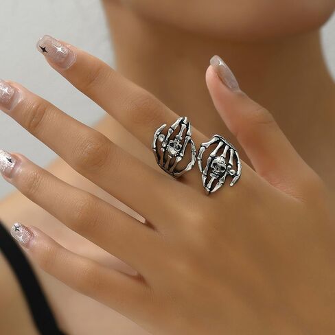 Vintage Skull Hand Rings for Men Women Adjustable Open Band Oxidized Gothic Biker Skeleton Devil's Talons Finger Pinky Ring Comfort Fit Knuckle Unisex Punk Jewelry Stackable Band Halloween in Saudi Arabia