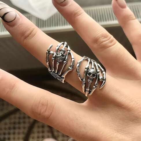 Vintage Skull Hand Rings for Men Women Adjustable Open Band Oxidized Gothic Biker Skeleton Devil's Talons Finger Pinky Ring Comfort Fit Knuckle Unisex Punk Jewelry Stackable Band Halloween in Saudi Arabia
