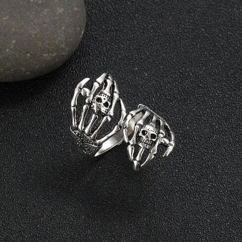 Vintage Skull Hand Rings for Men Women Adjustable Open Band Oxidized Gothic Biker Skeleton Devil's Talons Finger Pinky Ring Comfort Fit Knuckle Unisex Punk Jewelry Stackable Band Halloween in Saudi Arabia
