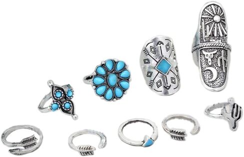 Fuqimanman2020 Bohemian Western Turquoise Oval Geometric Stackable Rings Set Midi Crystal Gemstone Knuckle Flower Carved for Women Holiday Beach Summer Boho Jewelry in Saudi Arabia