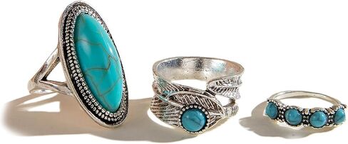 3Pcs Stackable Silver Oval Turquoise Western Rings for Women, Retro Bohemia Beads Knuckle Finger Ring Charm Y2K Cow Hippie Costume Jewelry Accessories in Saudi Arabia