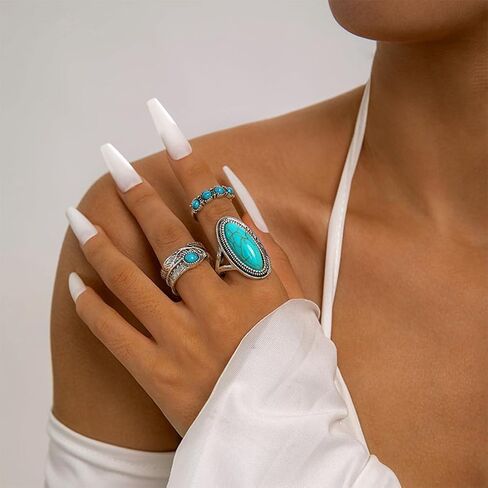 3Pcs Stackable Silver Oval Turquoise Western Rings for Women, Retro Bohemia Beads Knuckle Finger Ring Charm Y2K Cow Hippie Costume Jewelry Accessories in Saudi Arabia