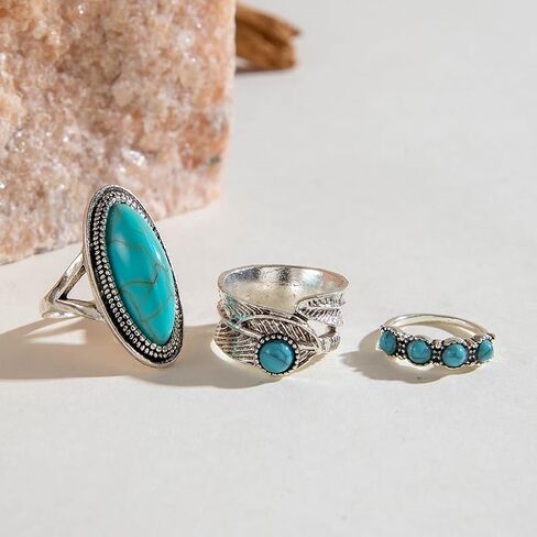 3Pcs Stackable Silver Oval Turquoise Western Rings for Women, Retro Bohemia Beads Knuckle Finger Ring Charm Y2K Cow Hippie Costume Jewelry Accessories in Saudi Arabia