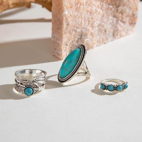 3Pcs Stackable Silver Oval Turquoise Western Rings for Women, Retro Bohemia Beads Knuckle Finger Ring Charm Y2K Cow Hippie Costume Jewelry Accessories in Saudi Arabia