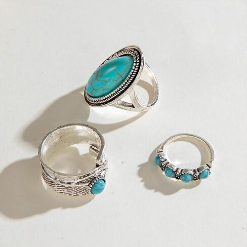 3Pcs Stackable Silver Oval Turquoise Western Rings for Women, Retro Bohemia Beads Knuckle Finger Ring Charm Y2K Cow Hippie Costume Jewelry Accessories in Saudi Arabia
