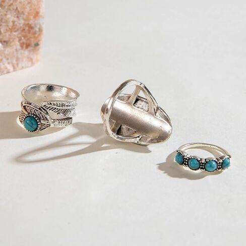 3Pcs Stackable Silver Oval Turquoise Western Rings for Women, Retro Bohemia Beads Knuckle Finger Ring Charm Y2K Cow Hippie Costume Jewelry Accessories in Saudi Arabia