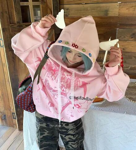Y2k Vintage Kawaii Anime Cartoon Cutecore 3D Wings Baggy Hoodie Hiphop Street Preppy Sweet Loose Casual Pullover in Saudi Arabia