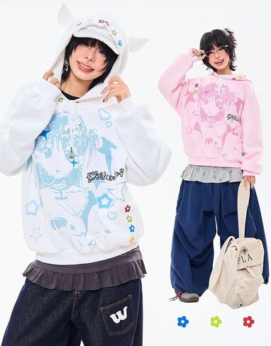 Y2k Vintage Kawaii Anime Cartoon Cutecore 3D Wings Baggy Hoodie Hiphop Street Preppy Sweet Loose Casual Pullover in Saudi Arabia