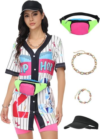 80s 90s الزي للنساء، للجنسين الهيب هوب البيسبول جيرسي اليوغا السراويل حزمة مراوح خمر حزب الزي الملحقات in Kuwait