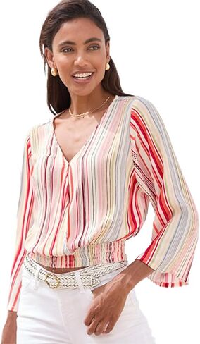 LASCANA Women's Striped Smocked Hem Blouse Shirt Stripe Multi 8 in Saudi Arabia