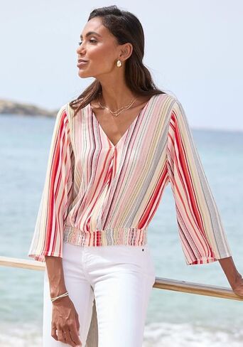 LASCANA Women's Striped Smocked Hem Blouse Shirt Stripe Multi 8 in Saudi Arabia