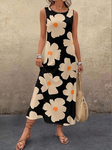 Women Summer Floral Print Maxi Dresses Sleeveless Strap Dress Casual Loose Vacation Sundress Beach Outfits in Saudi Arabia