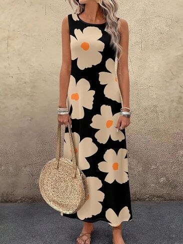 Women Summer Floral Print Maxi Dresses Sleeveless Strap Dress Casual Loose Vacation Sundress Beach Outfits in Saudi Arabia