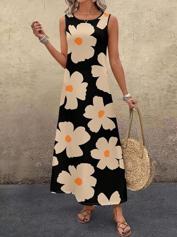 Women Summer Floral Print Maxi Dresses Sleeveless Strap Dress Casual Loose Vacation Sundress Beach Outfits in Saudi Arabia