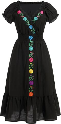 Women Mexican Dress Floral Embroidery Long Maxi Gowns Summer Short Puff Sleeve Ruffle Cinco De Mayo Fiesta Outfit in Saudi Arabia