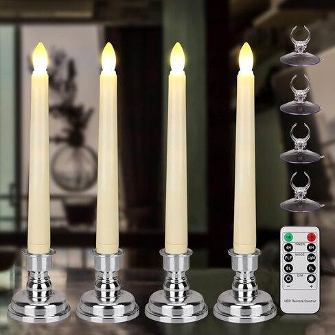 Flameless Taper Candles Flickering with Remote Timer, 4PCS Battery Operated Window Candles with Gold Candlesticks and Suction Cups, 8 Inch Warm White 3D Flame Candle for Home Xmas Decor(Ivory) in Saudi Arabia
