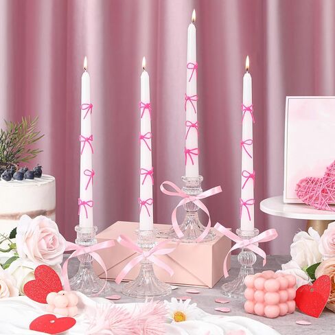 12 Set Pink Bow Party Suppies Pink Bow Candles Valentine Taper Candles Sticks with 3 Colors Wax Sticks Wedding Dinner Decor for Valentines Birthday Decor Galentines Day Gifts for Women in Saudi Arabia