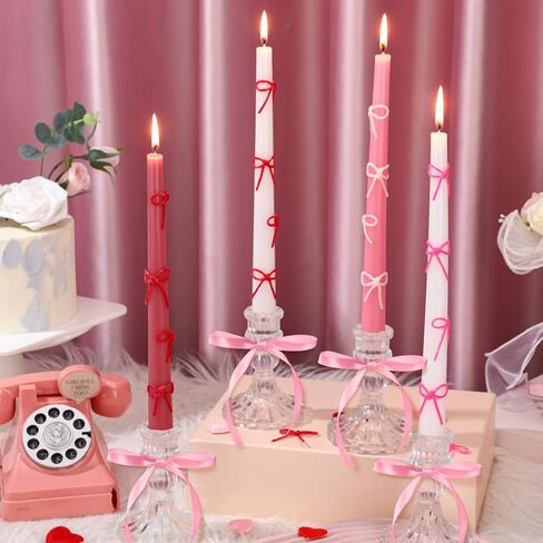 12 Set Pink Bow Party Suppies Pink Bow Candles Valentine Taper Candles Sticks with 3 Colors Wax Sticks Wedding Dinner Decor for Valentines Birthday Decor Galentines Day Gifts for Women in Saudi Arabia