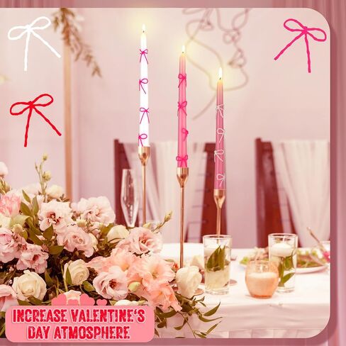 12 Set Pink Bow Party Suppies Pink Bow Candles Valentine Taper Candles Sticks with 3 Colors Wax Sticks Wedding Dinner Decor for Valentines Birthday Decor Galentines Day Gifts for Women in Saudi Arabia