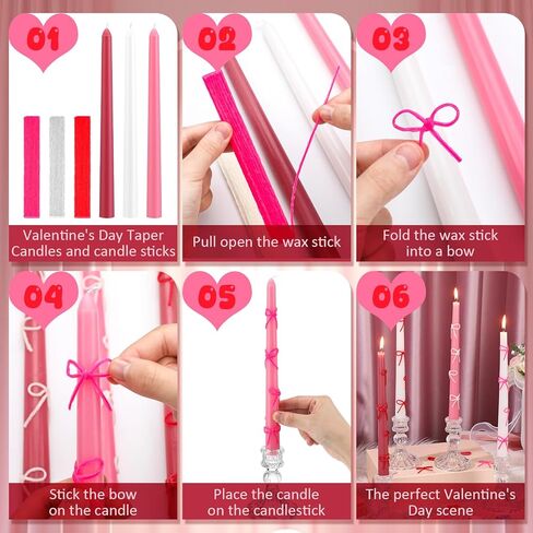 12 Set Pink Bow Party Suppies Pink Bow Candles Valentine Taper Candles Sticks with 3 Colors Wax Sticks Wedding Dinner Decor for Valentines Birthday Decor Galentines Day Gifts for Women in Saudi Arabia