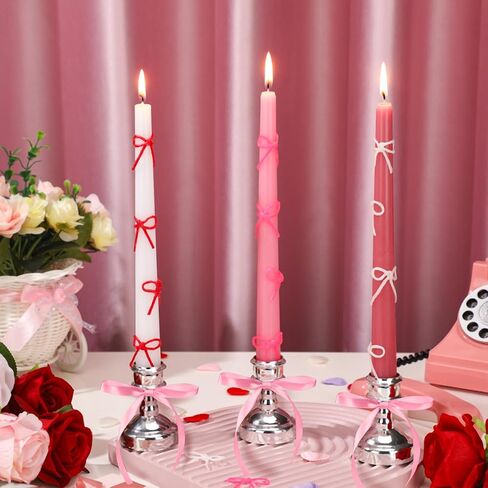 12 Set Pink Bow Party Suppies Pink Bow Candles Valentine Taper Candles Sticks with 3 Colors Wax Sticks Wedding Dinner Decor for Valentines Birthday Decor Galentines Day Gifts for Women in Saudi Arabia