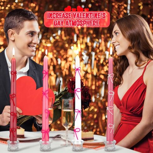 12 Set Pink Bow Party Suppies Pink Bow Candles Valentine Taper Candles Sticks with 3 Colors Wax Sticks Wedding Dinner Decor for Valentines Birthday Decor Galentines Day Gifts for Women in Saudi Arabia