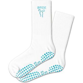 Grip Pilates Wedding Blue Bow Crew Socks, Pilates Socks with Grips for Wedding. in Saudi Arabia