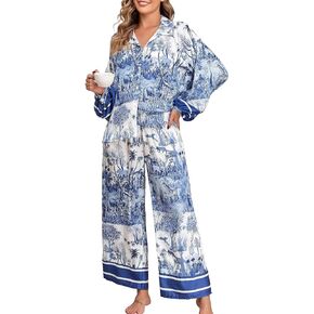 Jusfitsu Women's Silk Satin Pajama Sets for Women 2 Piece Button Down Pjs Set Oversized Long Sleeve Animal Print Sleepwear in Saudi Arabia
