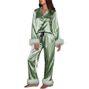 Springcmy Women Christmas Silk Pajamas Set Pjs Satin Long Sleeve Button Down Shirts Pants Feather Trim 2PCS Xmas Loungewear in Kuwait