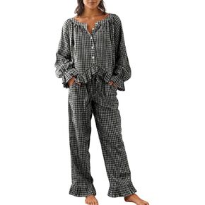 طقم بيجامة نسائي من WOWULOVELY بأكمام طويلة مكون من قطعتين من قميص بيبي دول قطني منقوش وسراويل ساق مجموعة Pjs لطيفة مكشكشة in Kuwait