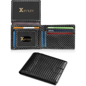 Men's Ultra Thin Wallet Leather RFID Blocking Bifold Stylish Wallet with Slim Minimalist Front Pocket 2 ID Windows (Carbon Black&Blue) in Saudi Arabia